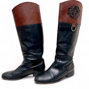 Frye Melissa Monogram Logo Two-Tone Cognac/Black Leather Tall Riding PullUp Boot